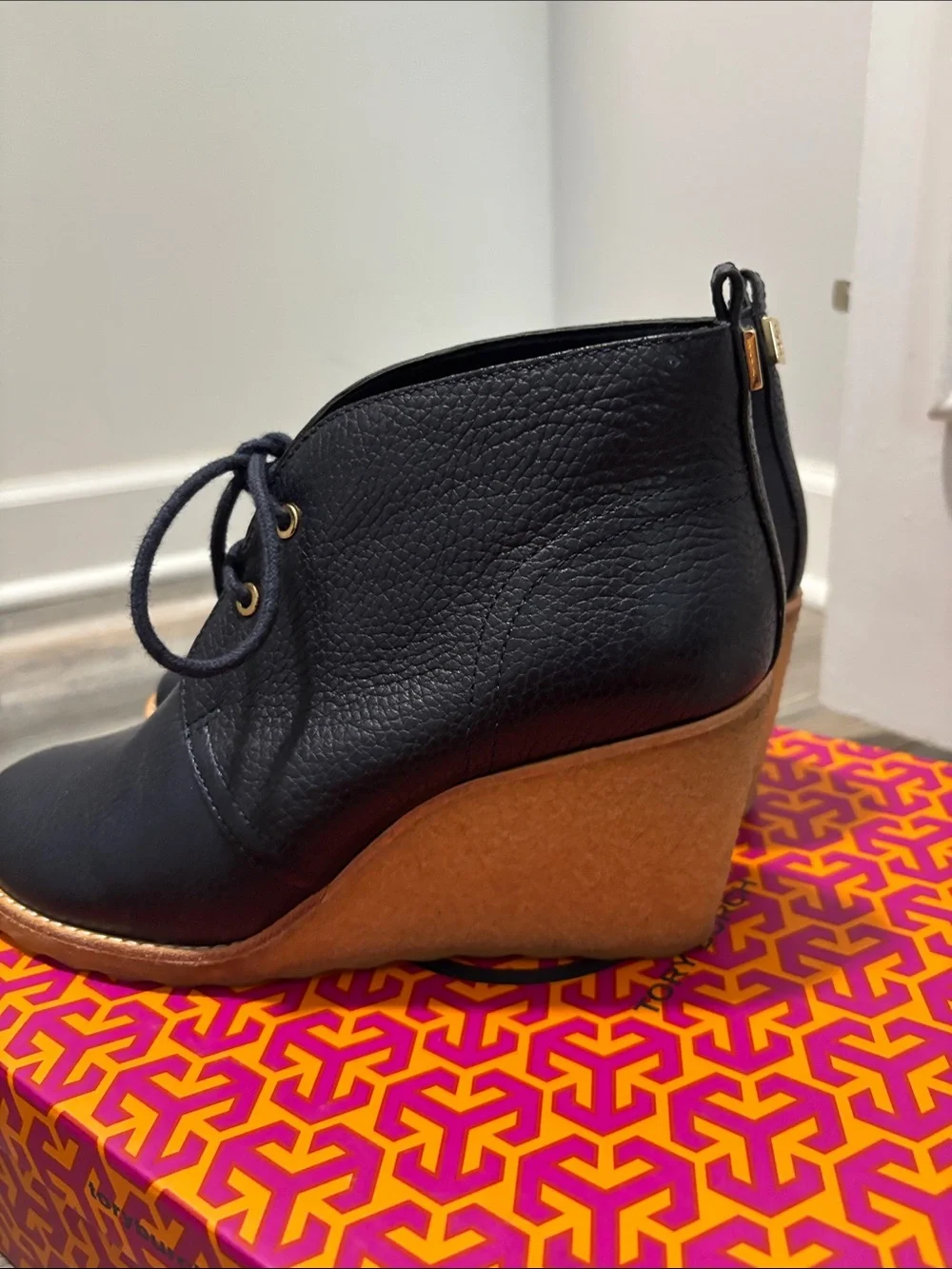 Tory Burch Black Leather Lace-Up Ankle Boots with Tan Sole
